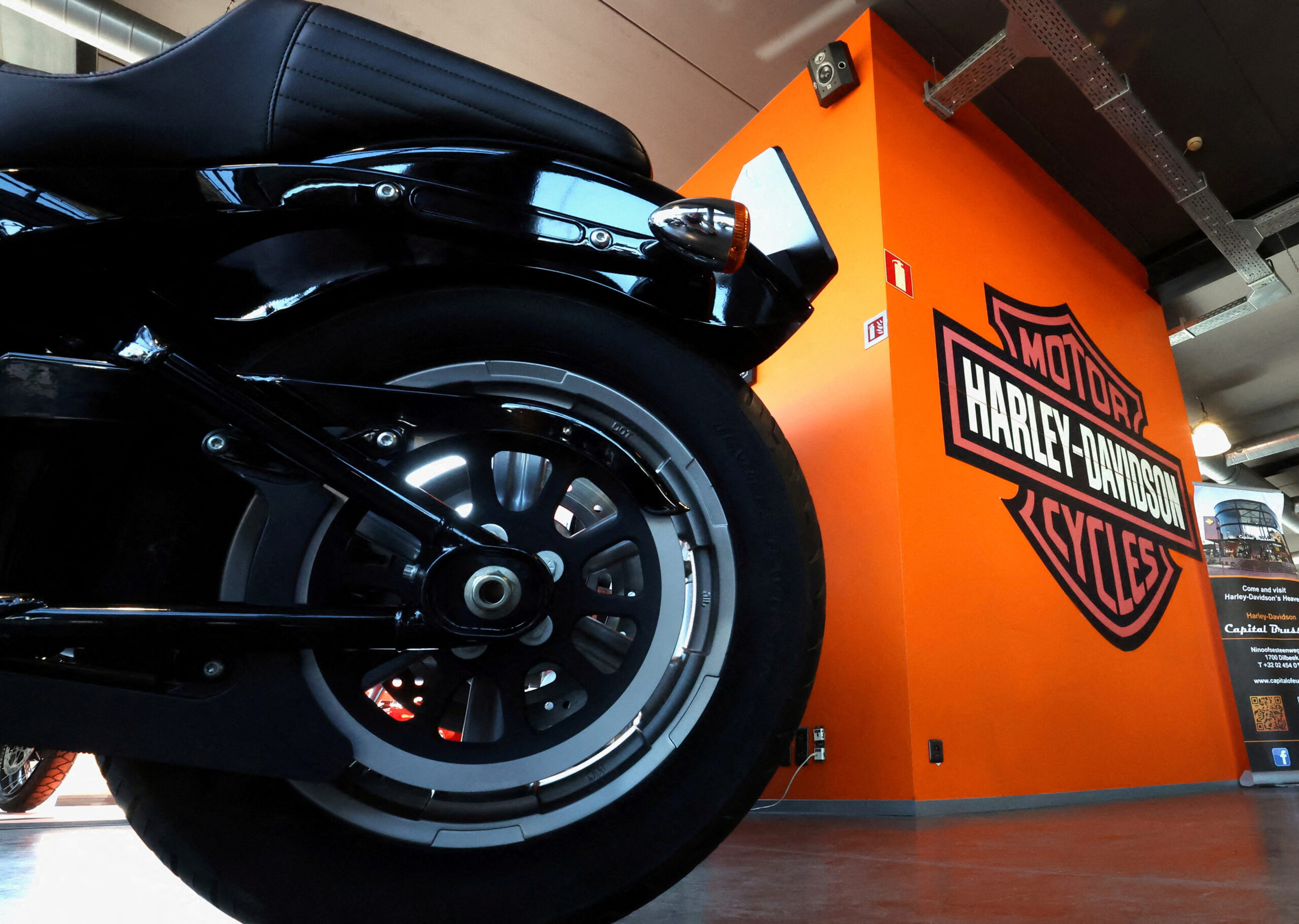 FILE PHOTO: The logo of Harley-Davidson is seen at a Harley-Davidson motocycles dealership near Brussels